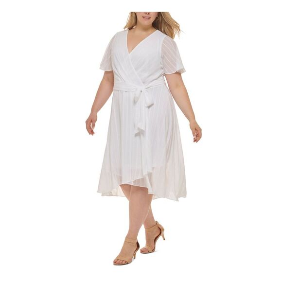 TOMMY HILFIGER Womens White Belted Hem Lined Flutter Sleeve Midi Dress Plus 20W - Picture 1 of 4